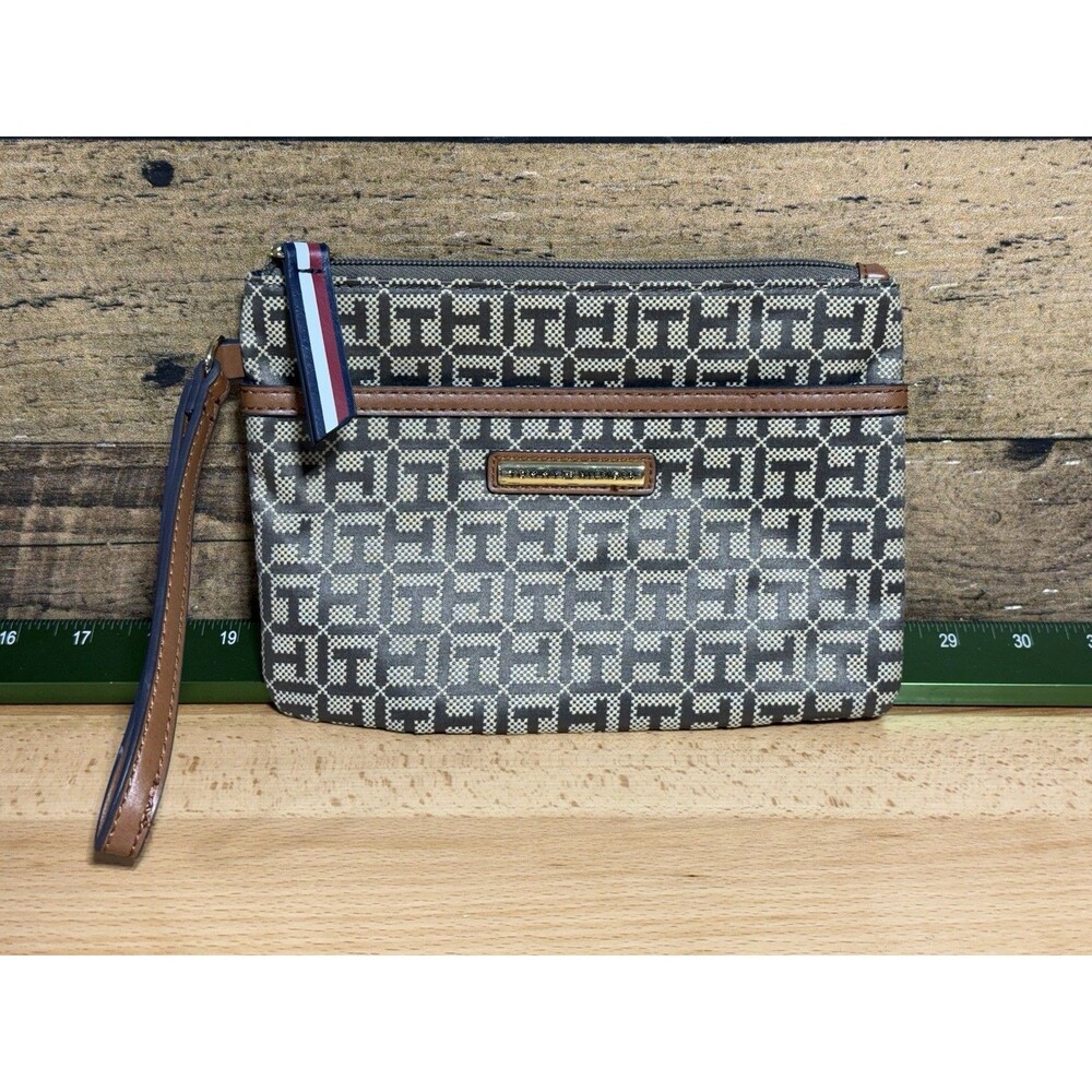 NEW - Tommy Hilfiger Cotton Logo Print & Faux Leather Brown Wristlet